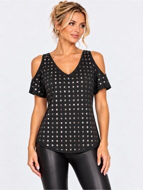 INC International Concepts Black Studded Cold Shoulder V Neck Top M